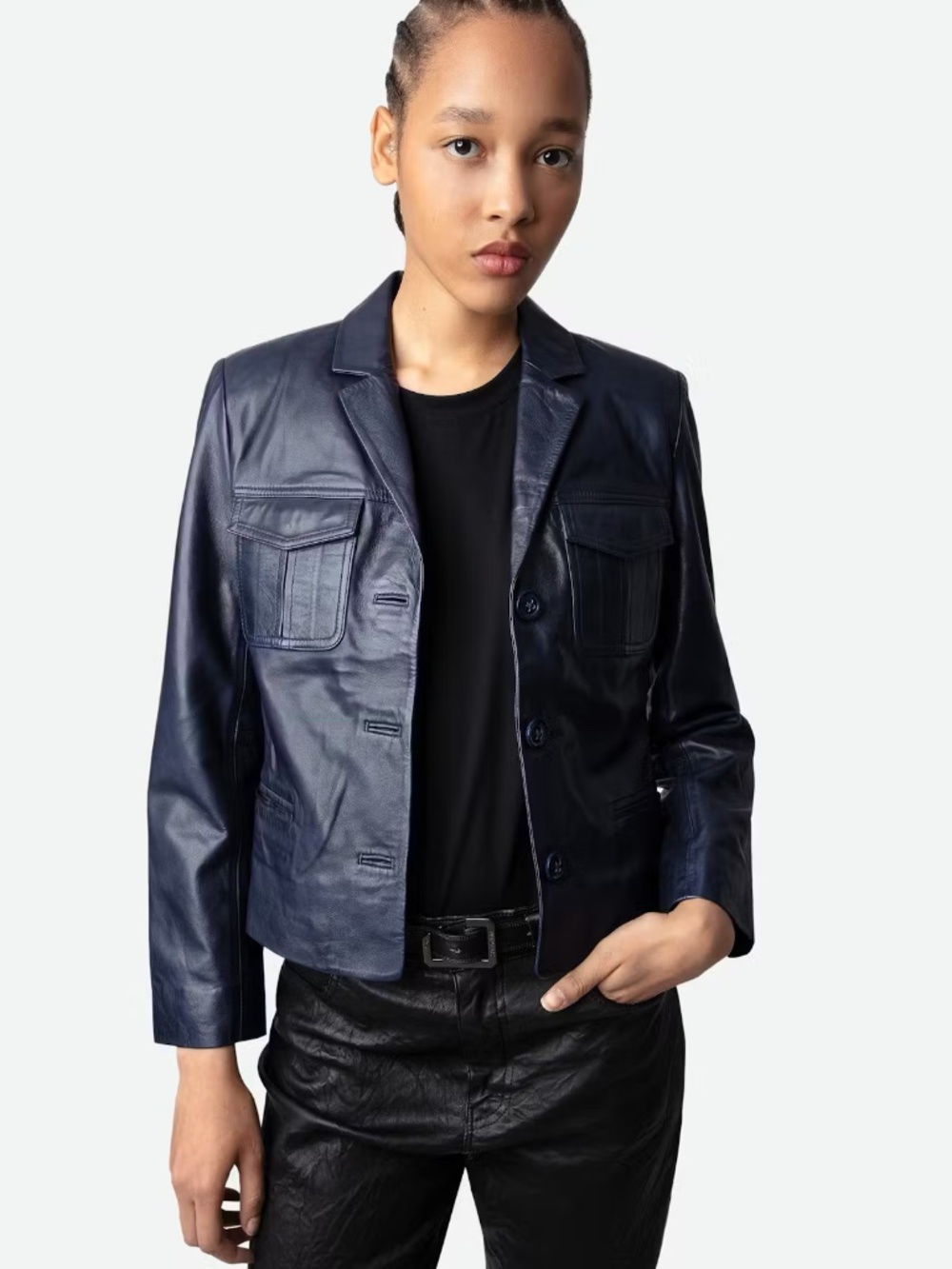 Zadig and Voltaire Liam Leather Jacket in Navy Size S